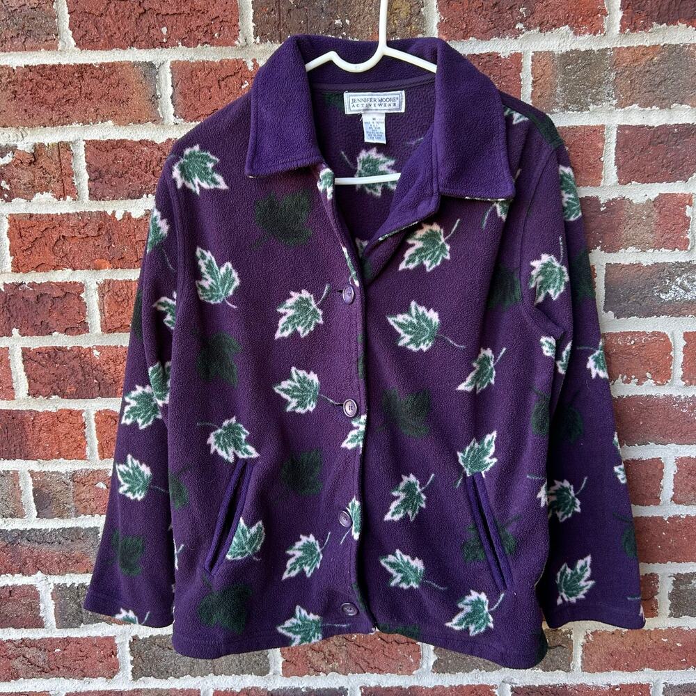 Vintage Purple Leaf Print Fleece Jacket Cozy 90s Style Medium